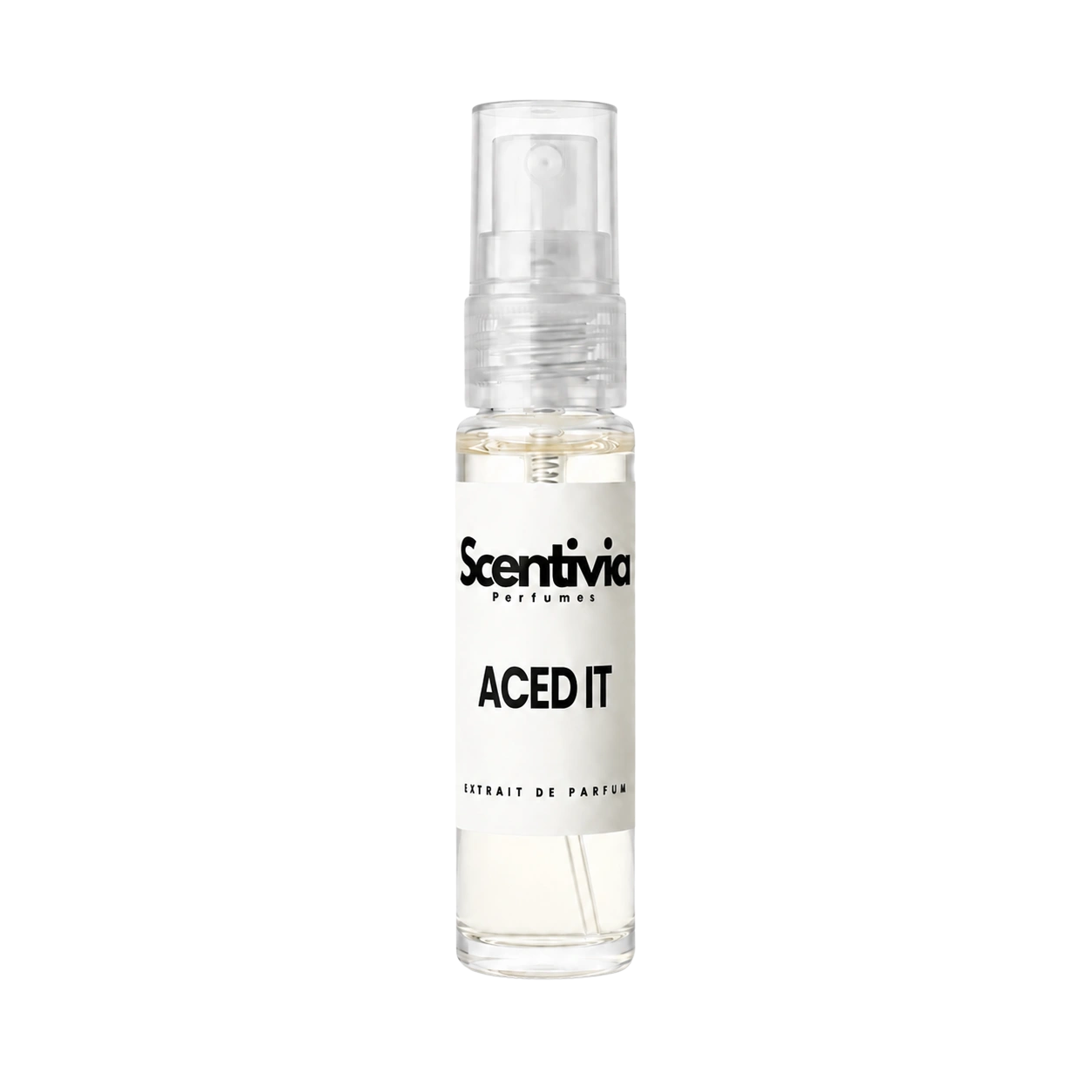 "A small, clear glass spray bottle of Scentivia Perfumes' 'Aced it' Extrait de Parfum featuring an off-white label and clear cap, set against a black background."