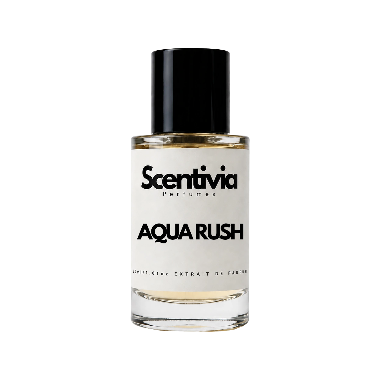 A glass bottle of Scentivia Perfumes 'Aqua Rush' Extrait de Parfum against a black background, featuring a black cap, off-white label, and golden-amber liquid