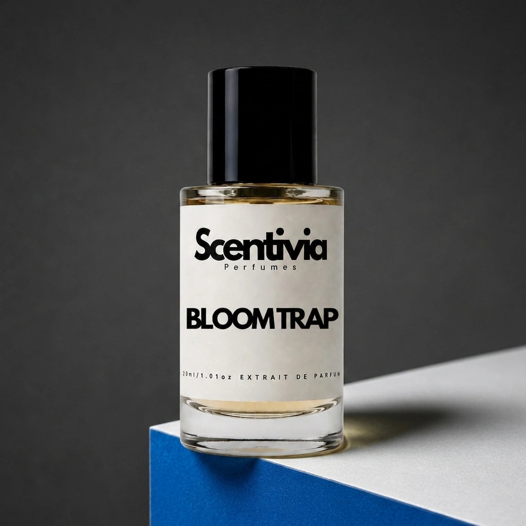 Scentivia Perfumes BLOOM TRAP 30ml extrait de parfum bottle mockup showcased on a modern blue and white geometric podium setup against a dark grey studio background.