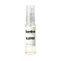 "A small, clear glass spray bottle of Scentivia Perfumes' 'Blueprint' Extrait de Parfum featuring an off-white label and clear cap, set against a black background."