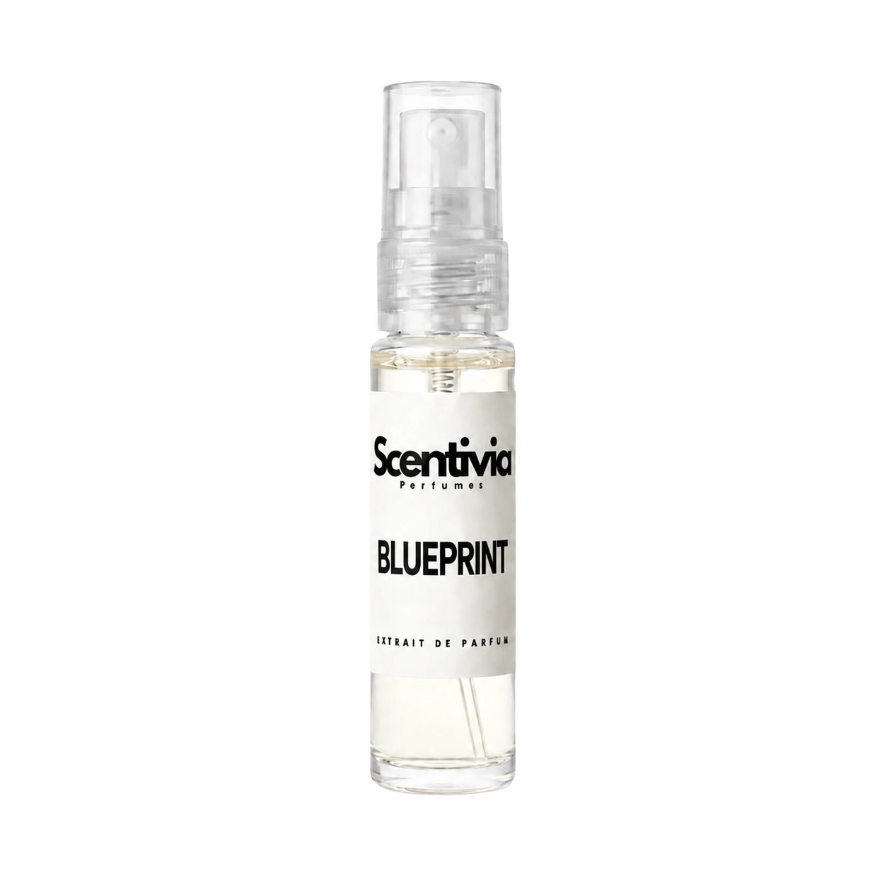"A small, clear glass spray bottle of Scentivia Perfumes' 'Blueprint' Extrait de Parfum featuring an off-white label and clear cap, set against a black background."