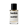 A glass bottle of Scentivia Perfumes 'Blueprint' Extrait de Parfum against a black background, featuring a black cap, off-white label, and golden-amber liquid
