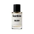 A glass bottle of Scentivia Perfumes 'Blush' Extrait de Parfum against a black background, featuring a black cap, off-white label, and golden-amber liquid