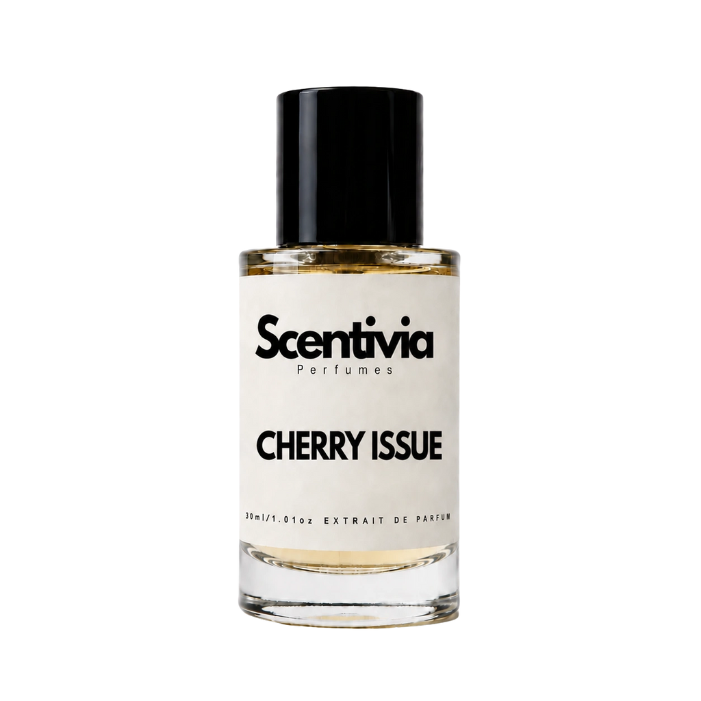 A glass bottle of Scentivia Perfumes 'Cherry Issue' Extrait de Parfum against a black background, featuring a black cap, off-white label, and golden-amber liquid