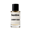 A glass bottle of Scentivia Perfumes 'Cherry Issue' Extrait de Parfum against a black background, featuring a black cap, off-white label, and golden-amber liquid