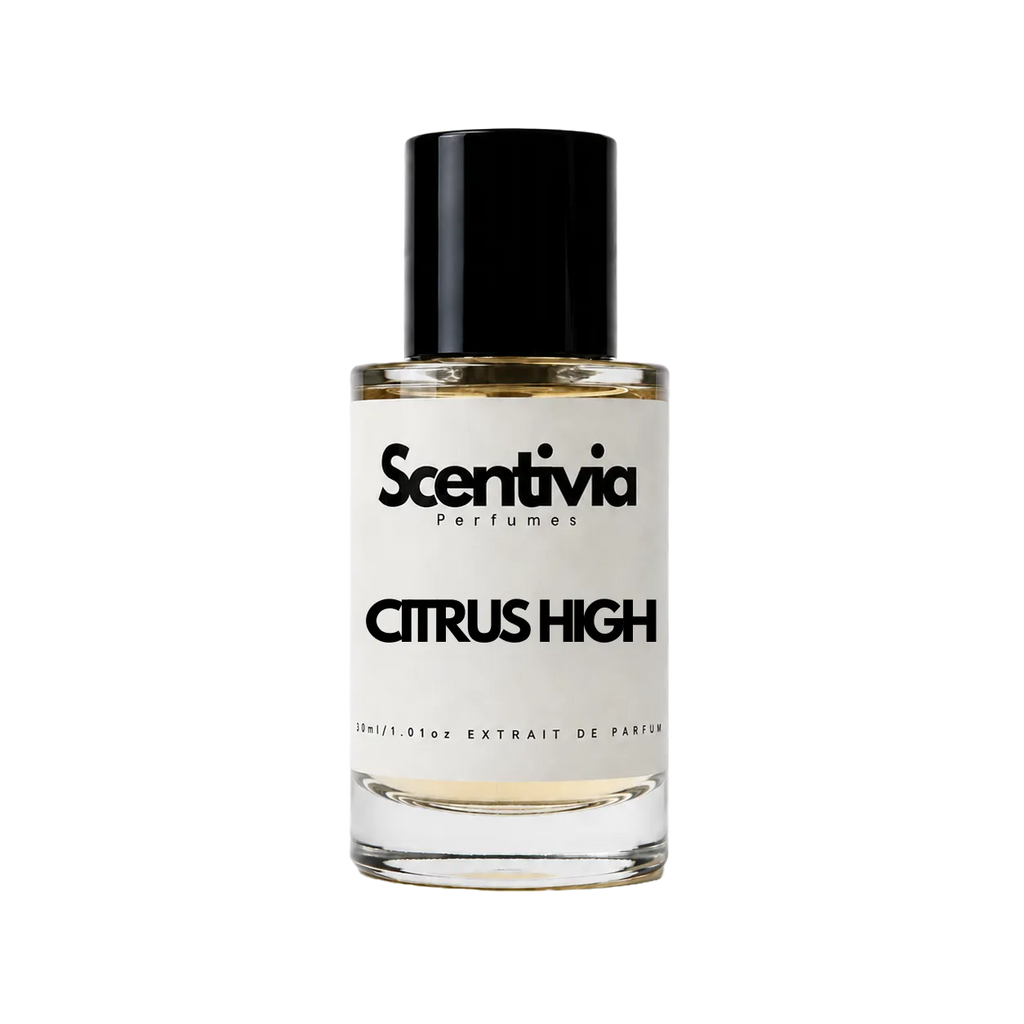 A glass bottle of Scentivia Perfumes 'Citrus High' Extrait de Parfum against a black background, featuring a black cap, off-white label, and golden-amber liquid