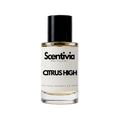 A glass bottle of Scentivia Perfumes 'Citrus High' Extrait de Parfum against a black background, featuring a black cap, off-white label, and golden-amber liquid