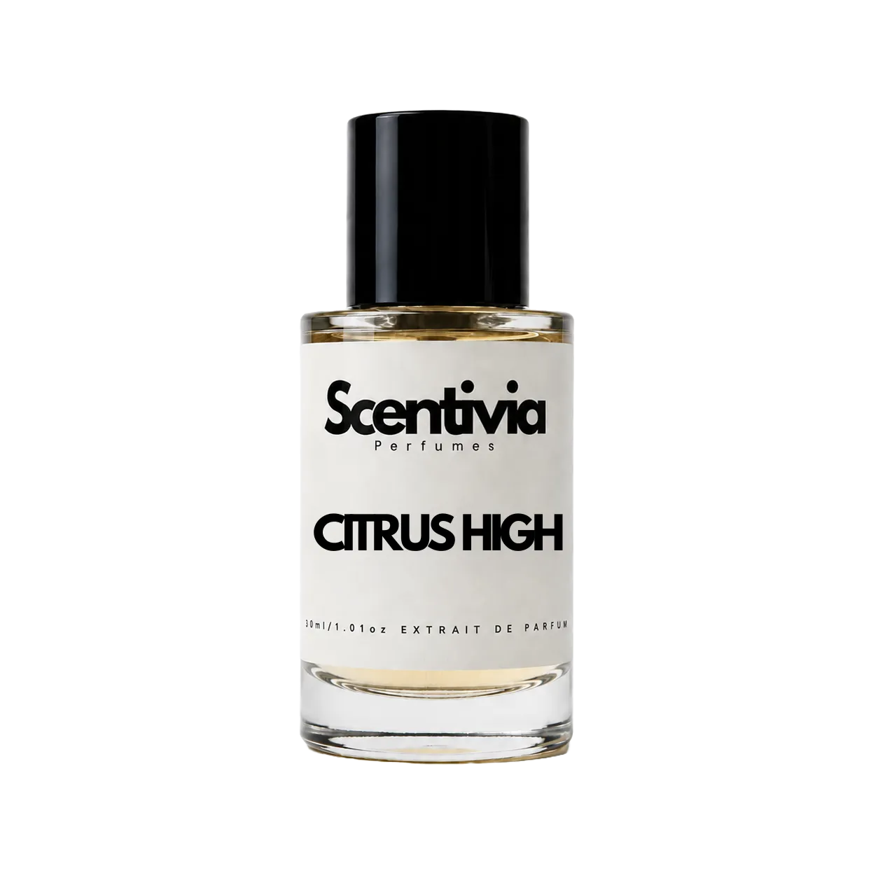 A glass bottle of Scentivia Perfumes 'Citrus High' Extrait de Parfum against a black background, featuring a black cap, off-white label, and golden-amber liquid