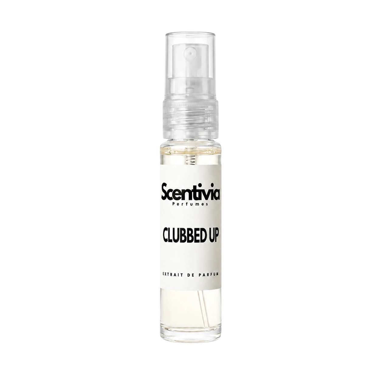 "A small, clear glass spray bottle of Scentivia Perfumes' 'Clubbed Up' Extrait de Parfum featuring an off-white label and clear cap, set against a black background."