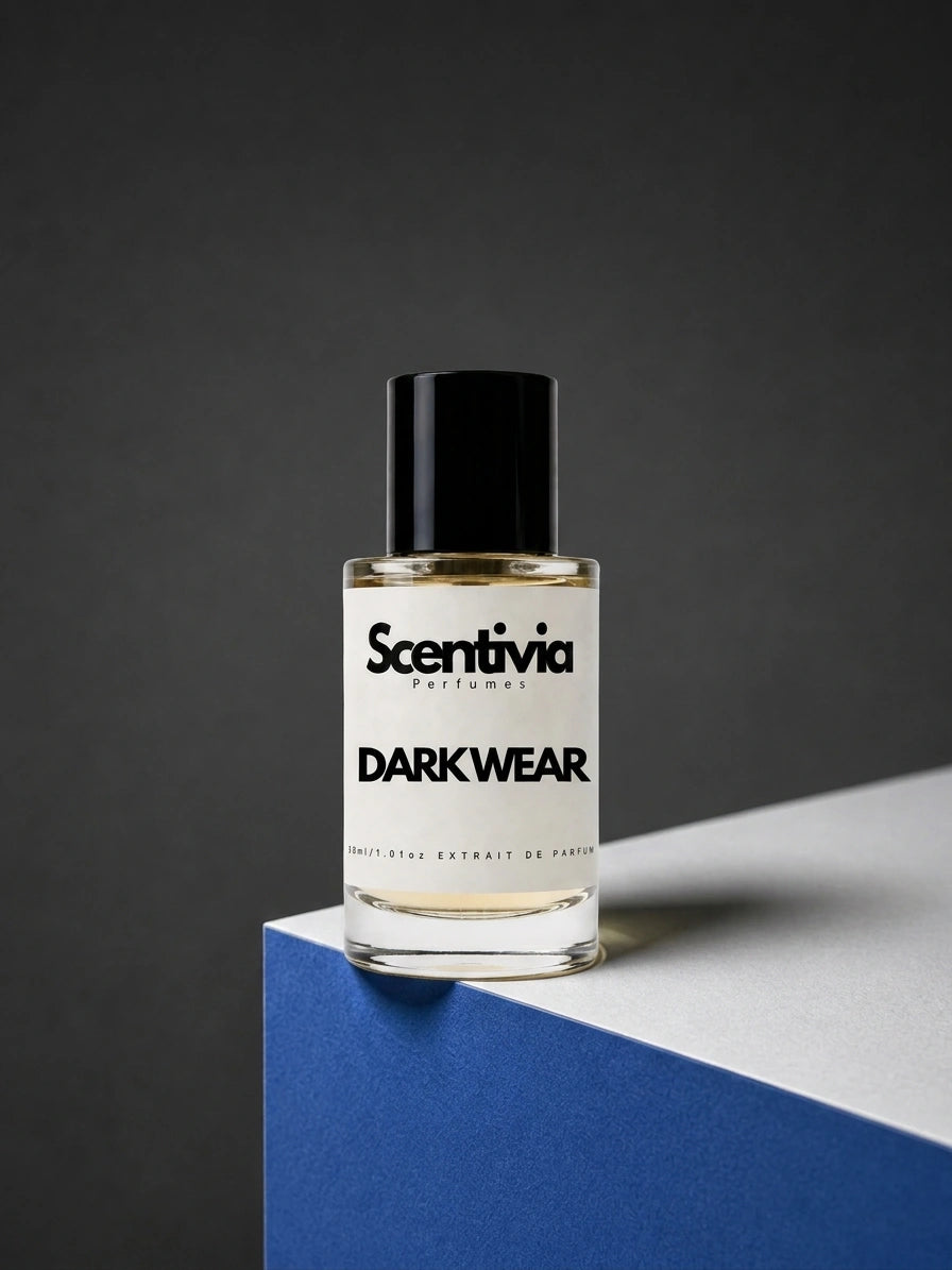 Scentivia Perfumes dark wear  30ml extrait de parfum bottle mockup showcased on a modern blue and white geometric podium setup against a dark grey studio background.