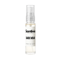 "A small, clear glass spray bottle of Scentivia Perfumes' 'Dark wear' Extrait de Parfum featuring an off-white label and clear cap, set against a black background."