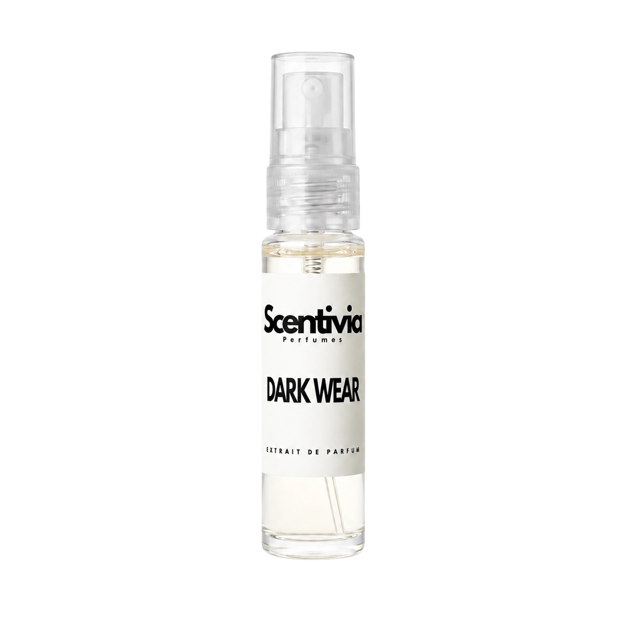 "A small, clear glass spray bottle of Scentivia Perfumes' 'Dark wear' Extrait de Parfum featuring an off-white label and clear cap, set against a black background."