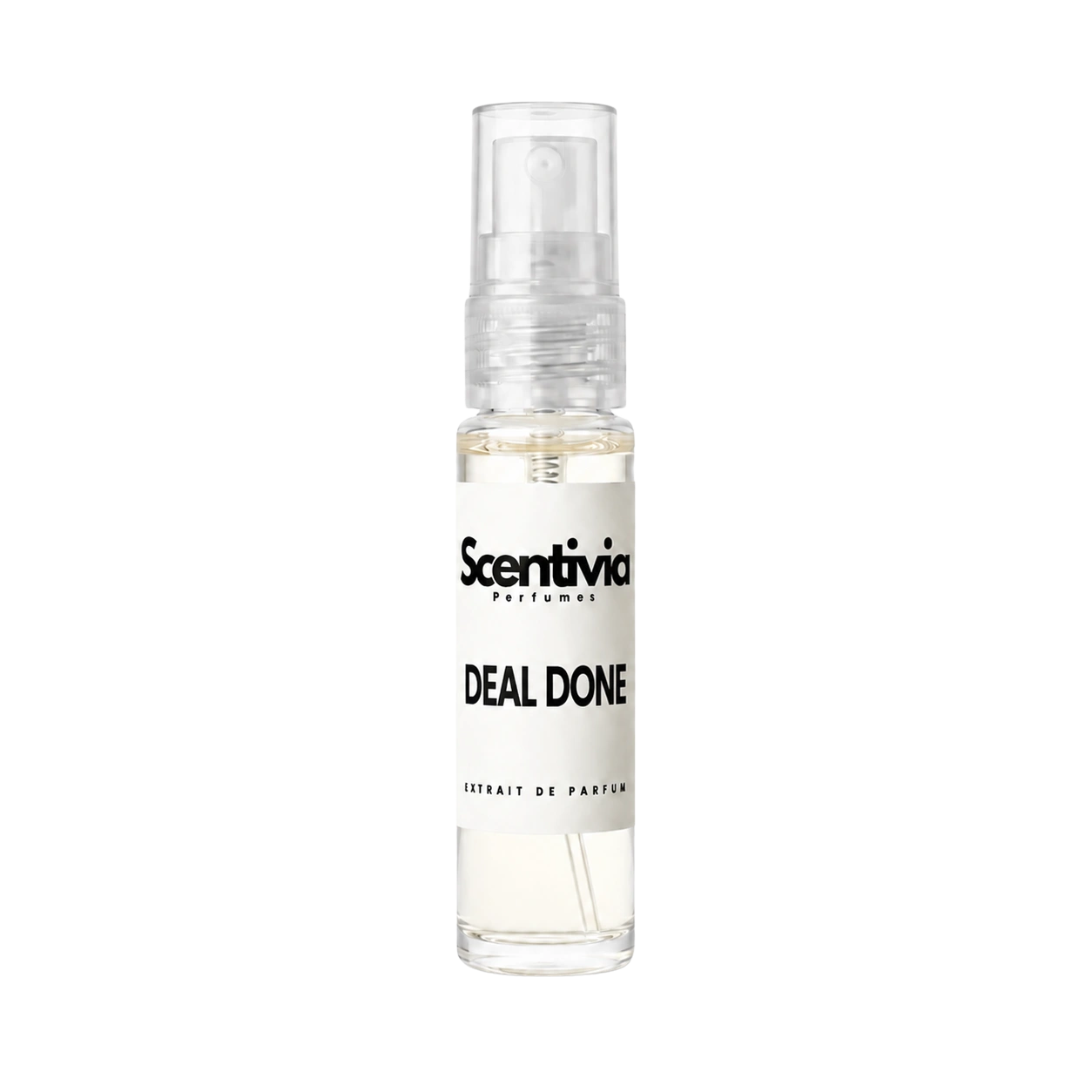"A small, clear glass spray bottle of Scentivia Perfumes' 'Deal done' Extrait de Parfum featuring an off-white label and clear cap, set against a black background."