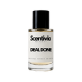 A glass bottle of Scentivia Perfumes 'Deal Done' Extrait de Parfum against a black background, featuring a black cap, off-white label, and golden-amber liquid