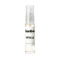"A small, clear glass spray bottle of Scentivia Perfumes' 'Fifth lie' Extrait de Parfum featuring an off-white label and clear cap, set against a black background."