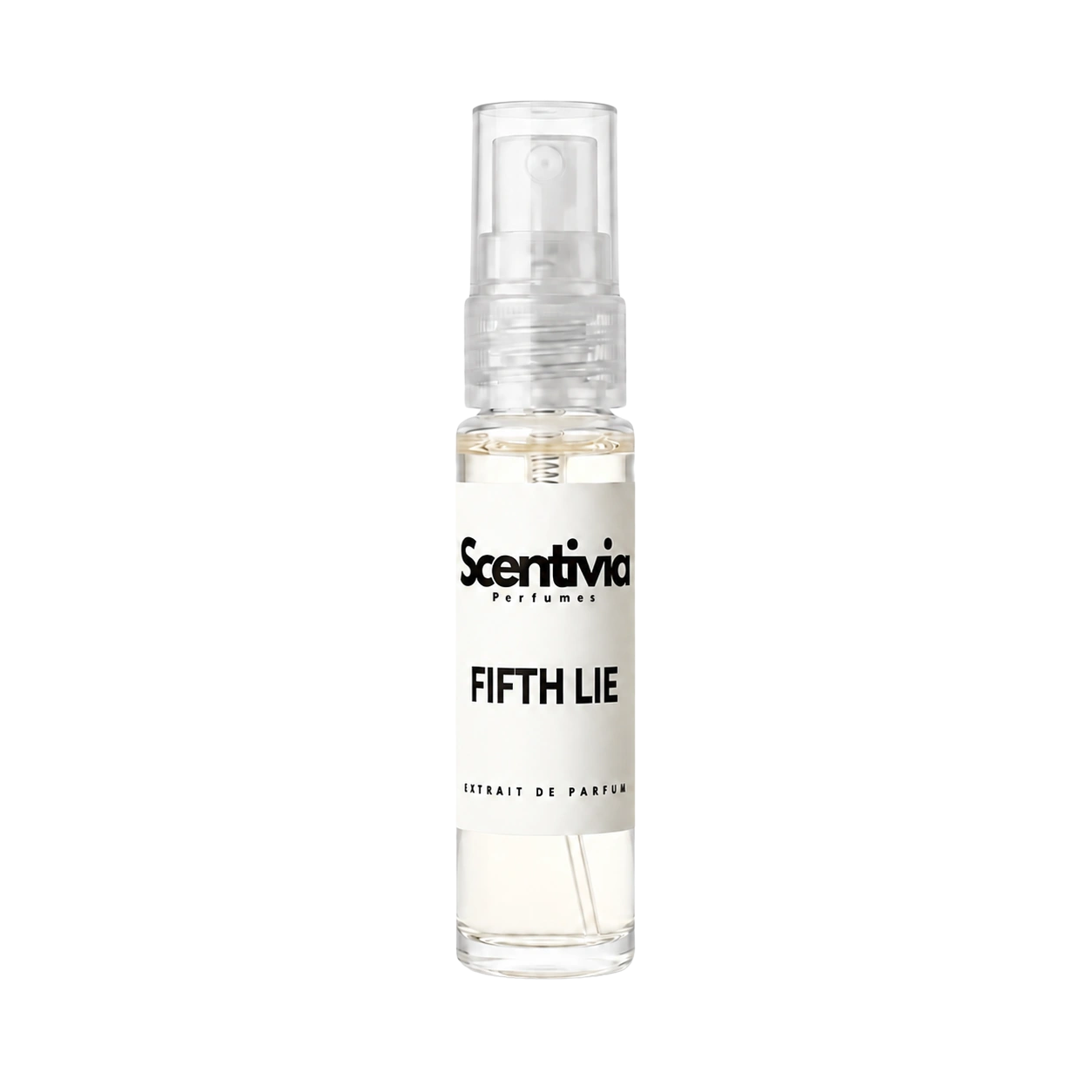 "A small, clear glass spray bottle of Scentivia Perfumes' 'Fifth lie' Extrait de Parfum featuring an off-white label and clear cap, set against a black background."