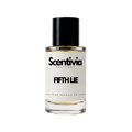 A glass bottle of Scentivia Perfumes 'fifth lie' Extrait de Parfum against a black background, featuring a black cap, off-white label, and golden-amber liquid