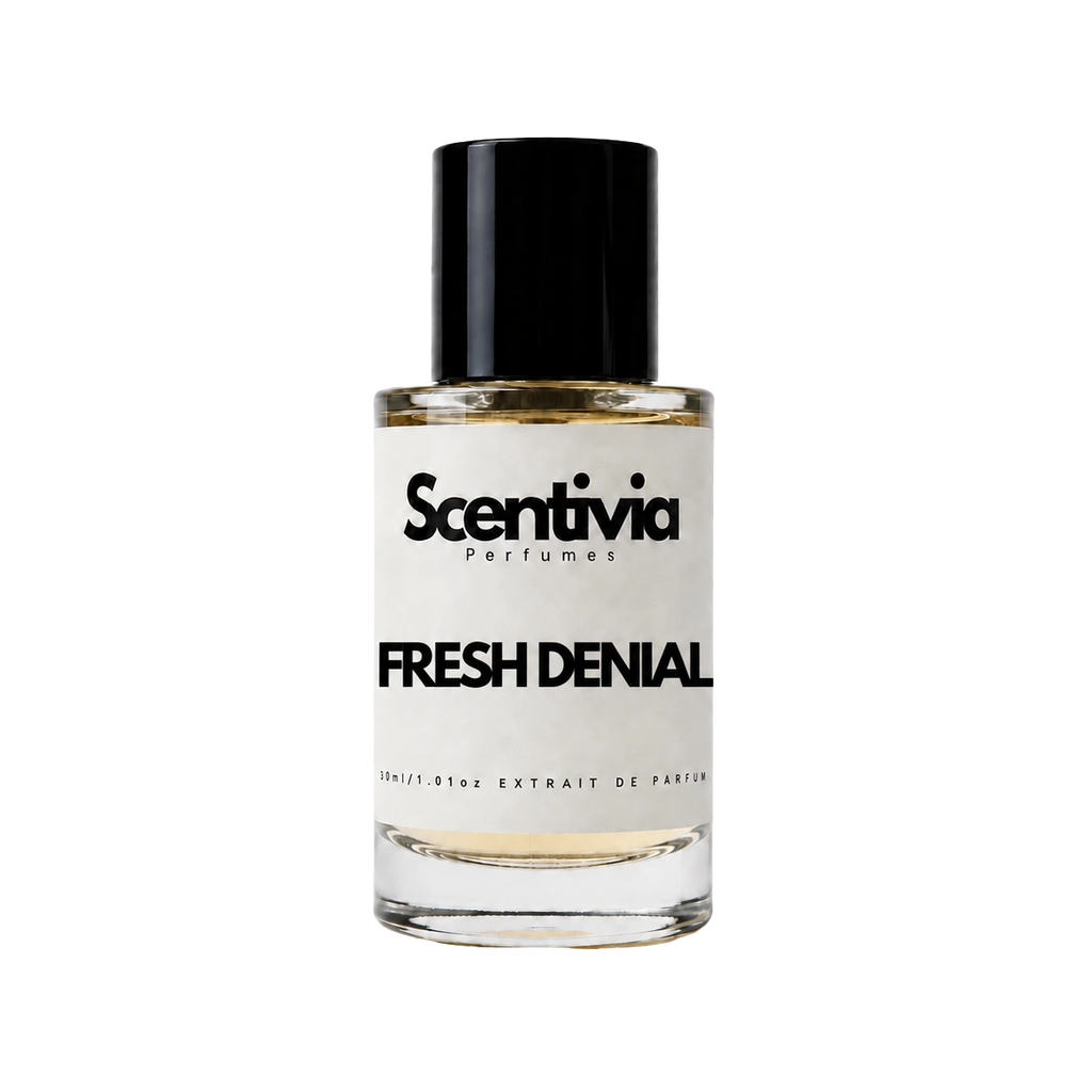 A glass bottle of Scentivia Perfumes 'Fresh Denial' Extrait de Parfum against a black background, featuring a black cap, off-white label, and golden-amber liquid