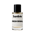 A glass bottle of Scentivia Perfumes 'Fresh Denial' Extrait de Parfum against a black background, featuring a black cap, off-white label, and golden-amber liquid