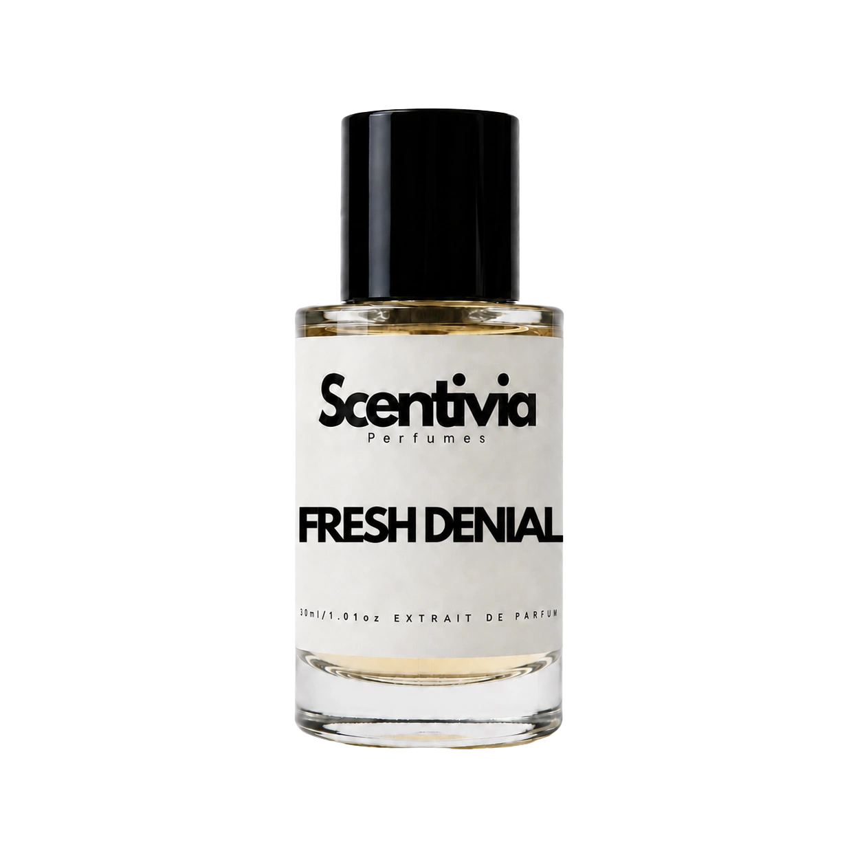 A glass bottle of Scentivia Perfumes 'Fresh Denial' Extrait de Parfum against a black background, featuring a black cap, off-white label, and golden-amber liquid