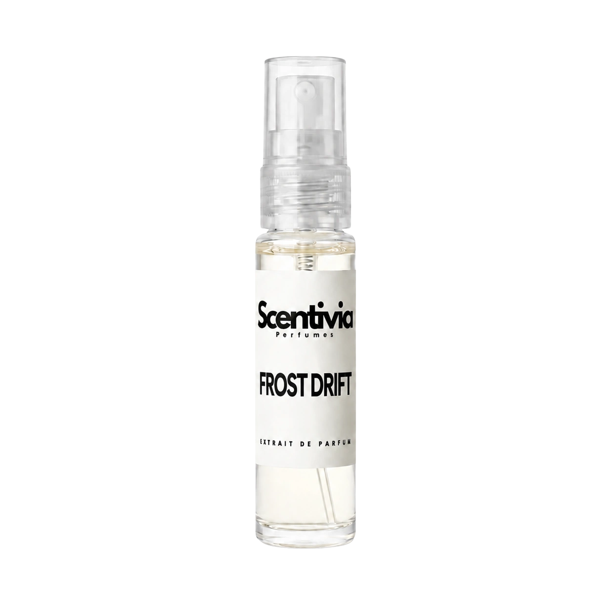 "A small, clear glass spray bottle of Scentivia Perfumes' 'Frost drift' Extrait de Parfum featuring an off-white label and clear cap, set against a black background."
