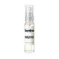 "A small, clear glass spray bottle of Scentivia Perfumes' 'Gold flex' Extrait de Parfum featuring an off-white label and clear cap, set against a black background."