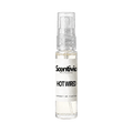 "A small, clear glass spray bottle of Scentivia Perfumes' 'Hot wired' Extrait de Parfum featuring an off-white label and clear cap, set against a black background."