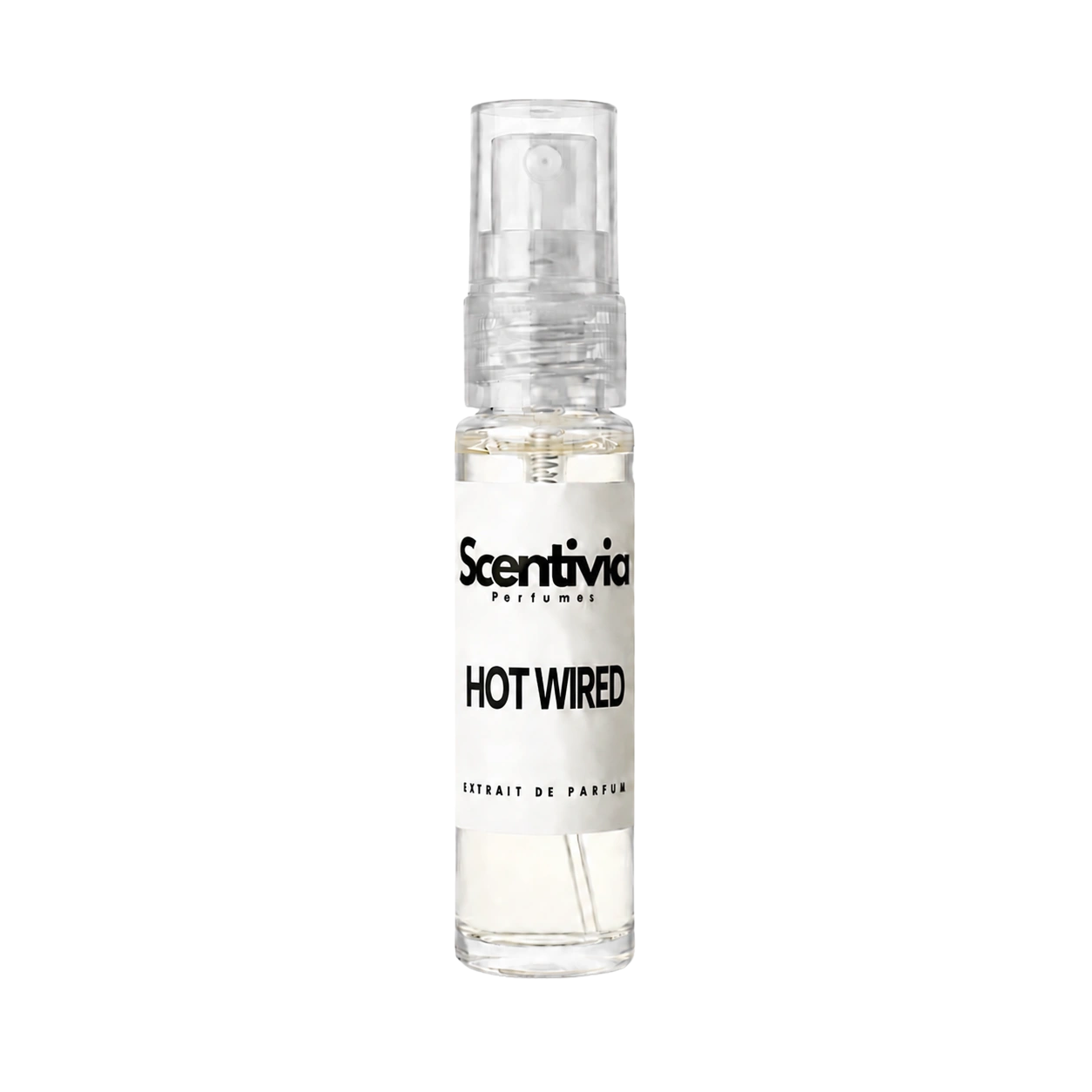 "A small, clear glass spray bottle of Scentivia Perfumes' 'Hot wired' Extrait de Parfum featuring an off-white label and clear cap, set against a black background."