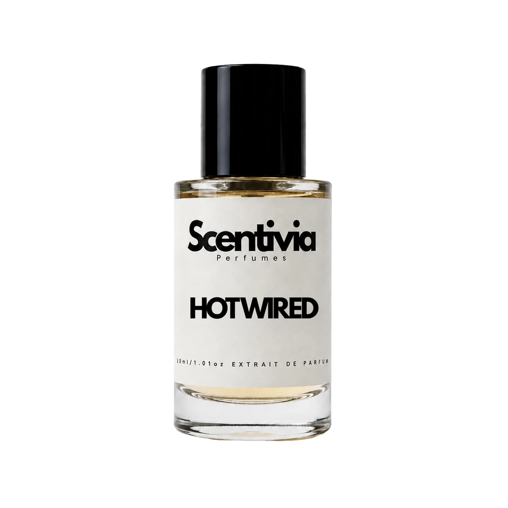 A glass bottle of Scentivia Perfumes 'Hot wired' Extrait de Parfum against a black background, featuring a black cap, off-white label, and golden-amber liquid