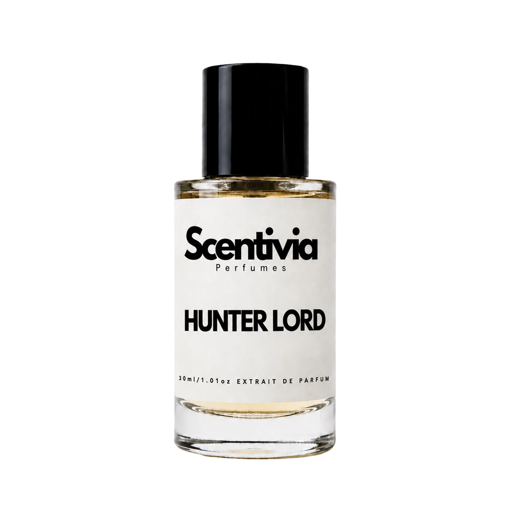 A glass bottle of Scentivia Perfumes 'Hunter Lord' Extrait de Parfum against a black background, featuring a black cap, off-white label, and golden-amber liquid