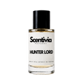 A glass bottle of Scentivia Perfumes 'Hunter Lord' Extrait de Parfum against a black background, featuring a black cap, off-white label, and golden-amber liquid