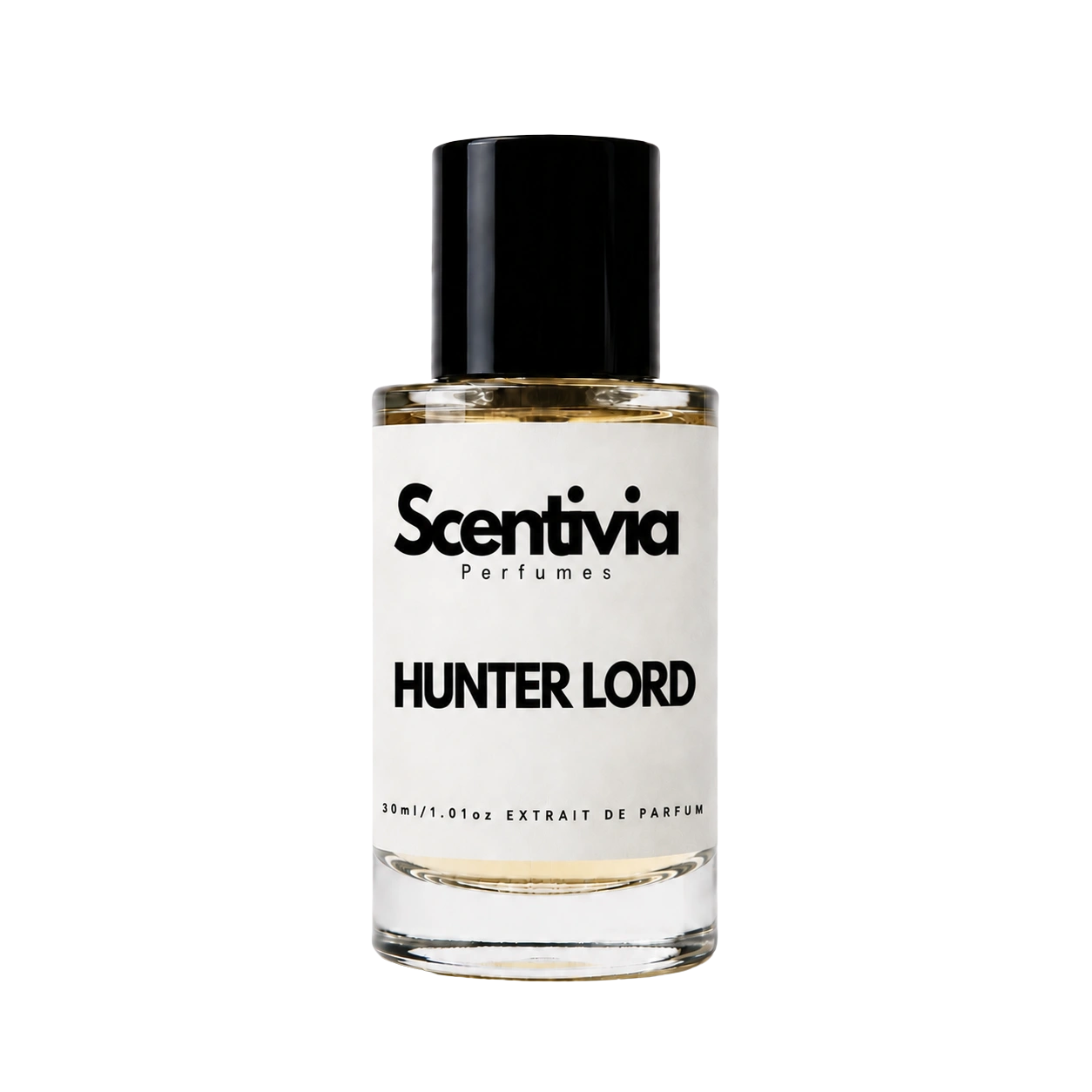 A glass bottle of Scentivia Perfumes 'Hunter Lord' Extrait de Parfum against a black background, featuring a black cap, off-white label, and golden-amber liquid