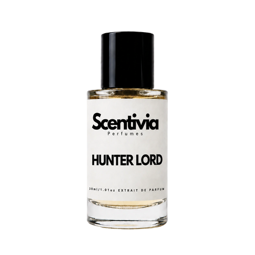A glass bottle of Scentivia Perfumes 'Hunter Lord' Extrait de Parfum against a black background, featuring a black cap, off-white label, and golden-amber liquid
