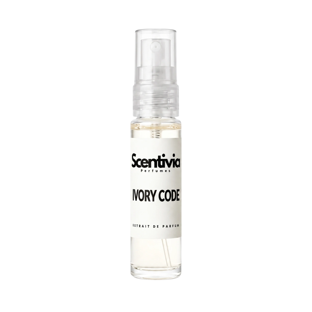 "A small, clear glass spray bottle of Scentivia Perfumes' 'Ivory Code' Extrait de Parfum featuring an off-white label and clear cap, set against a black background."