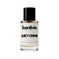 A glass bottle of Scentivia Perfumes 'Juicy Crime' Extrait de Parfum against a black background, featuring a black cap, off-white label, and golden-amber liquid