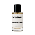 A glass bottle of Scentivia Perfumes 'Midnight Dues' Extrait de Parfum against a black background, featuring a black cap, off-white label, and golden-amber liquid