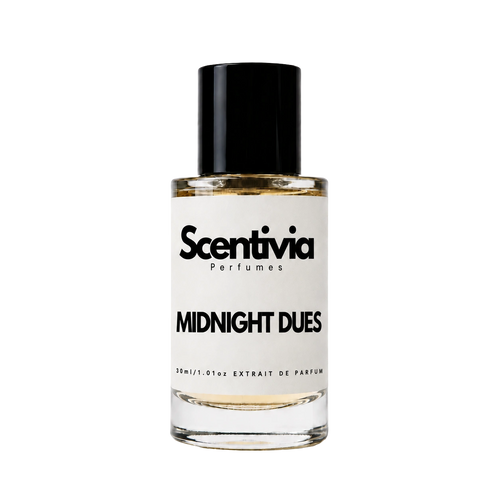 A glass bottle of Scentivia Perfumes 'Midnight Dues' Extrait de Parfum against a black background, featuring a black cap, off-white label, and golden-amber liquid