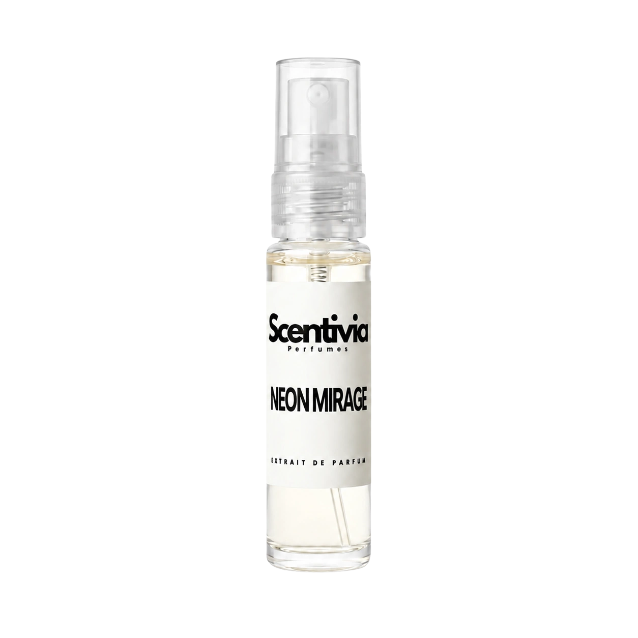 "A small, clear glass spray bottle of Scentivia Perfumes' 'Neon mirage' Extrait de Parfum featuring an off-white label and clear cap, set against a black background."