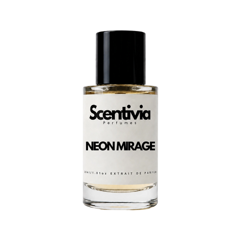 A glass bottle of Scentivia Perfumes 'Neon Mirage' Extrait de Parfum against a black background, featuring a black cap, off-white label, and golden-amber liquid