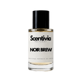 A glass bottle of Scentivia Perfumes 'Noir Brew' Extrait de Parfum against a black background, featuring a black cap, off-white label, and golden-amber liquid