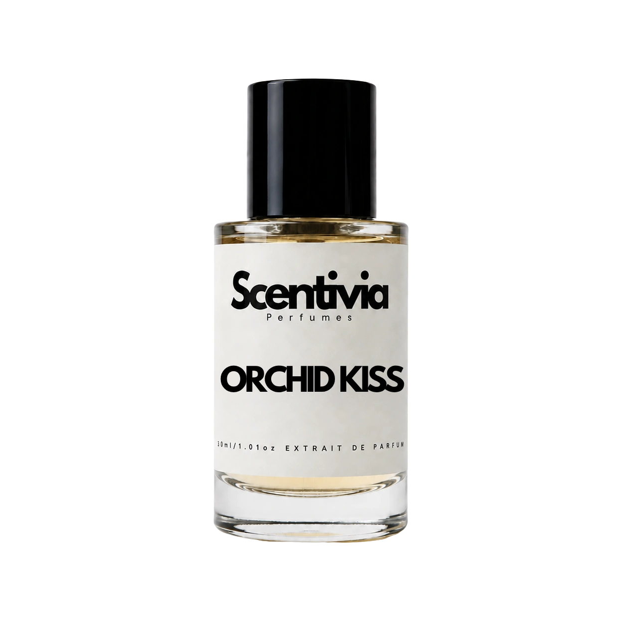 A glass bottle of Scentivia Perfumes 'Orchid kiss' Extrait de Parfum against a black background, featuring a black cap, off-white label, and golden-amber liquid