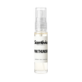 "A small, clear glass spray bottle of Scentivia Perfumes' 'Pink thunder' Extrait de Parfum featuring an off-white label and clear cap, set against a black background."