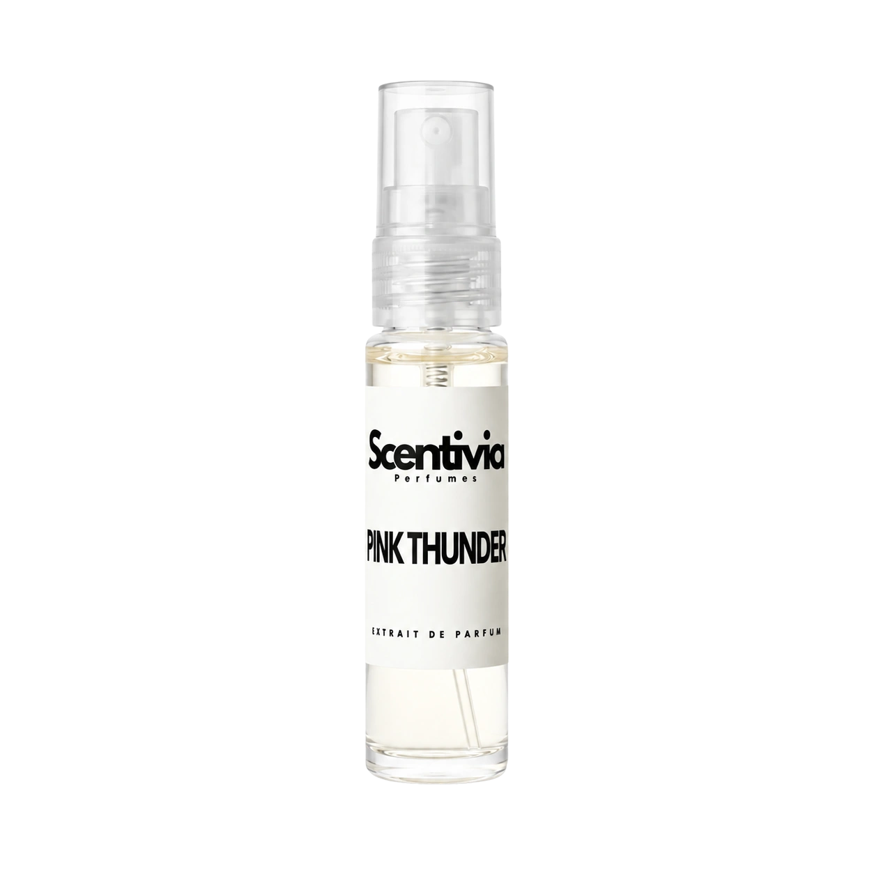"A small, clear glass spray bottle of Scentivia Perfumes' 'Pink thunder' Extrait de Parfum featuring an off-white label and clear cap, set against a black background."