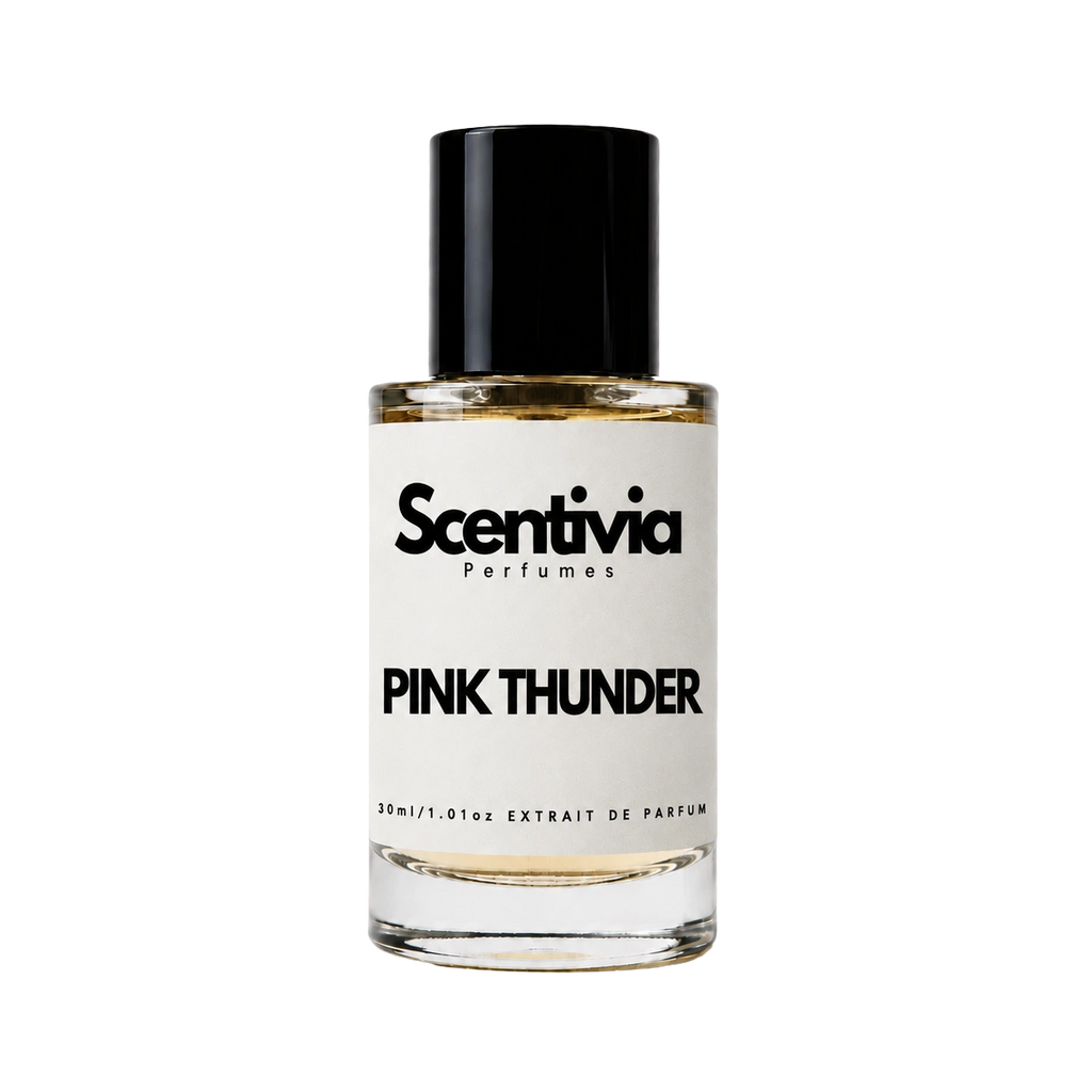 A glass bottle of Scentivia Perfumes 'Pink Thunder' Extrait de Parfum against a black background, featuring a black cap, off-white label, and golden-amber liquid