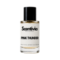 A glass bottle of Scentivia Perfumes 'Pink Thunder' Extrait de Parfum against a black background, featuring a black cap, off-white label, and golden-amber liquid