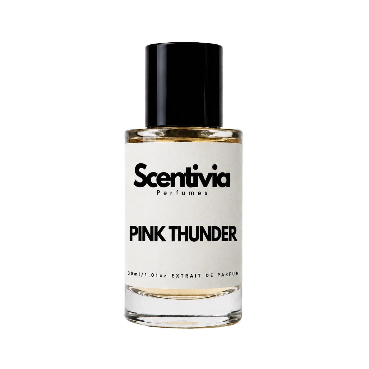 A glass bottle of Scentivia Perfumes 'Pink Thunder' Extrait de Parfum against a black background, featuring a black cap, off-white label, and golden-amber liquid