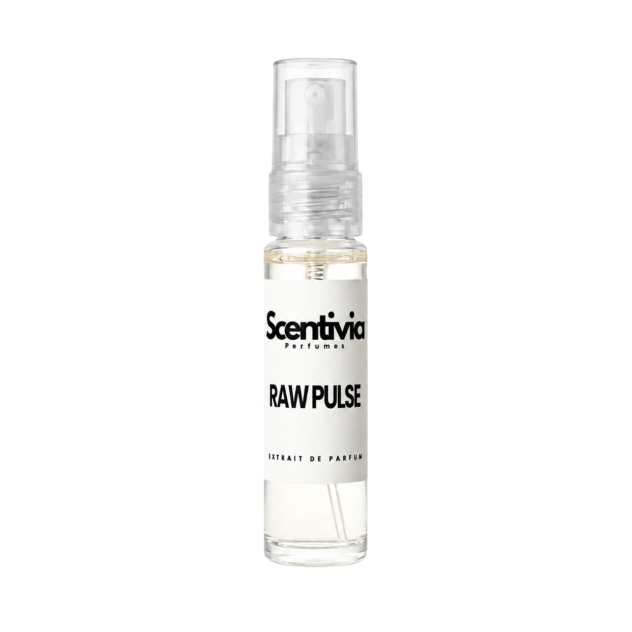 "A small, clear glass spray bottle of Scentivia Perfumes' 'Raw pulse' Extrait de Parfum featuring an off-white label and clear cap, set against a black background."