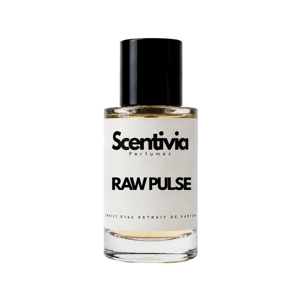 A glass bottle of Scentivia Perfumes 'Raw Pulse' Extrait de Parfum against a black background, featuring a black cap, off-white label, and golden-amber liquid