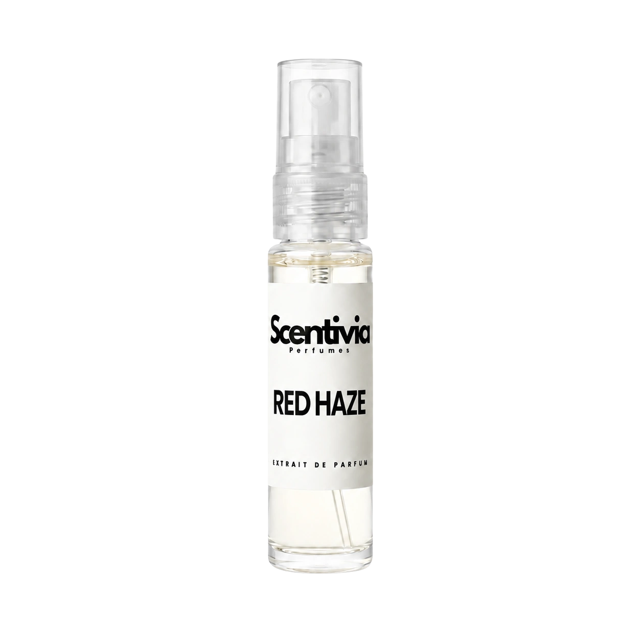 "A small, clear glass spray bottle of Scentivia Perfumes' 'Red haze' Extrait de Parfum featuring an off-white label and clear cap, set against a black background."