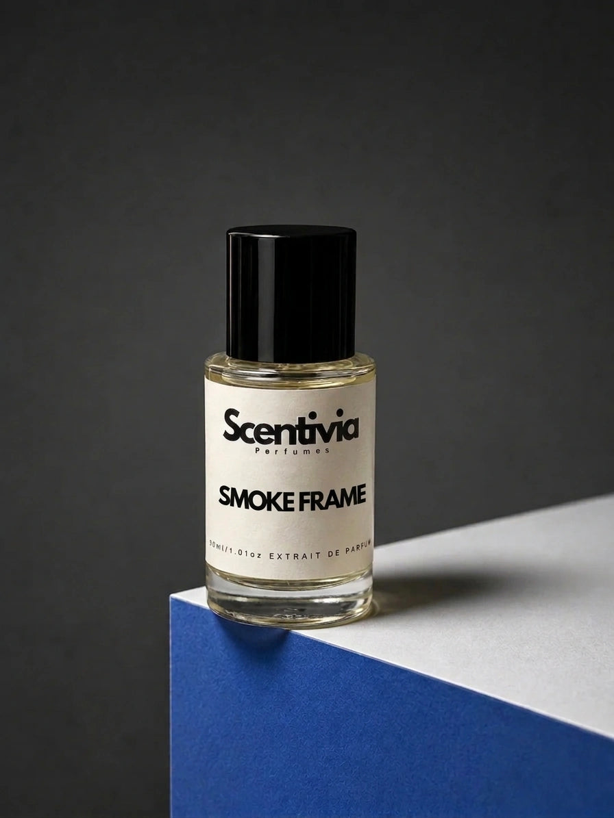 Scentivia Perfumes SMOKE FRAME 30ml extrait de parfum bottle mockup showcased on a modern blue and white geometric podium setup against a dark grey studio background.